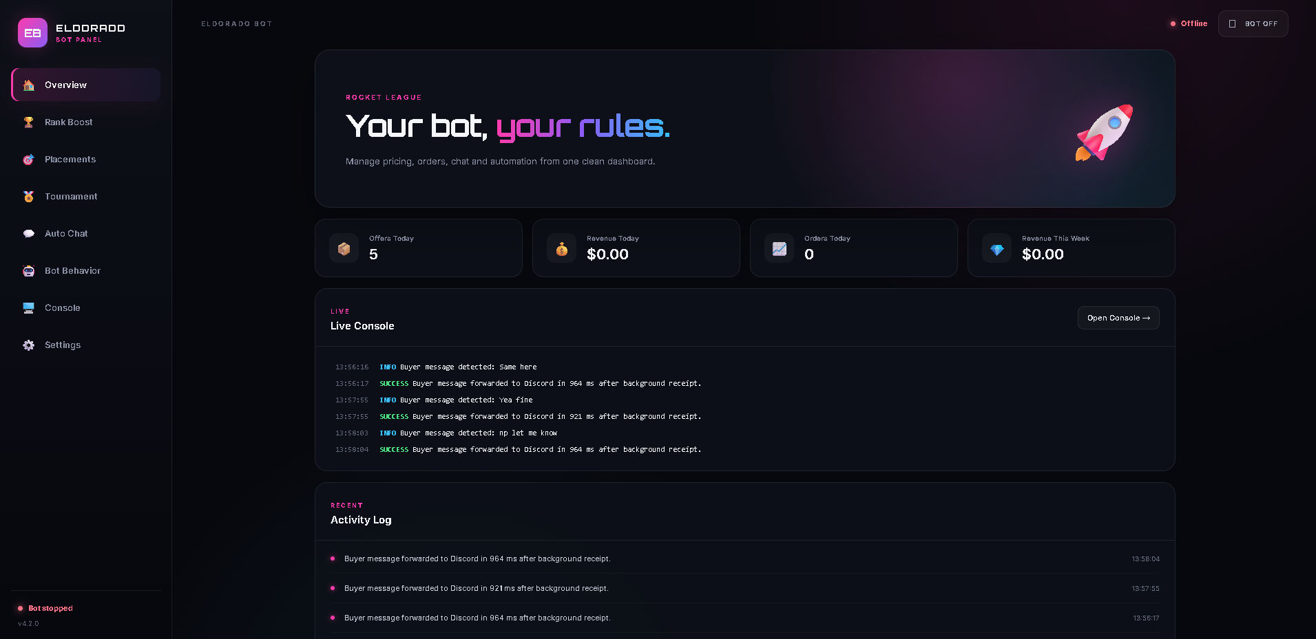 The real EldoradoBot dashboard with Overview, Rank Boost, Placements, Tournament, Auto Chat, Bot Behavior, Console and Settings